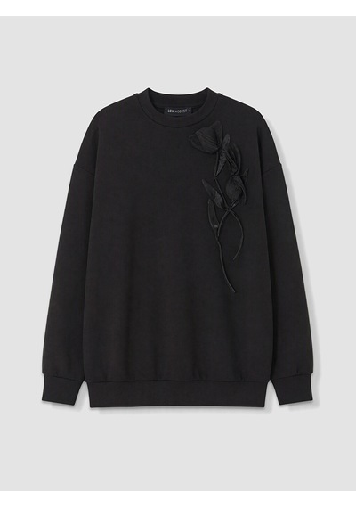 Lcw Modest Siyah Soft Touch Gül Aplikeli Kadın Sweatshirt Tunik