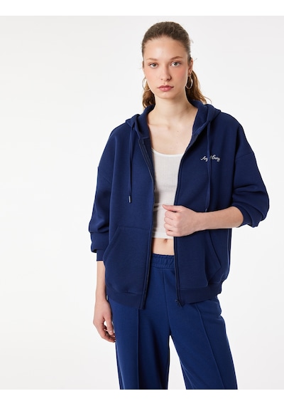Koton Şardonlu Fermuarlı Kanguru Cepli Taşlı Baskılı Kapüşonlu Sweatshirt Lacivert 6sal10626ık Lacivert
