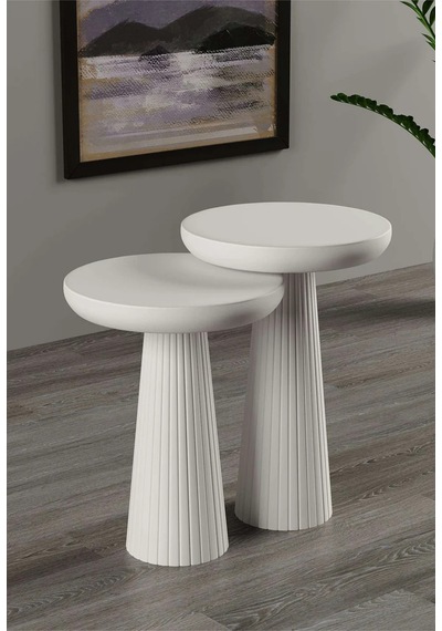 Wood Wooden Ahşap 2 Li Set Fitilli Mantar Beyaz Yan Sehpa Modern Fiskos / Çiçeklik / Zigon Beyaz