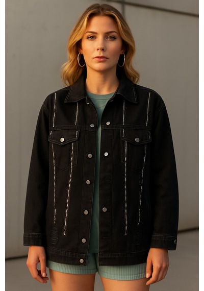 Esb Design Kadın Siyah Cepli Mevsimlik Taşlı Çıtçıtlı Uzun Denim Ceket A36-087