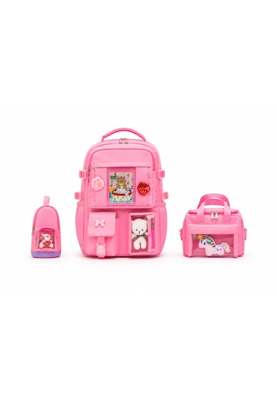 Quovo Kawaii Kore Tarzı Full Aksesuarlı Yerli Günlük Okul Çantası Kız Erkek Beslenme Kalemlik Çanta Seti Pembe