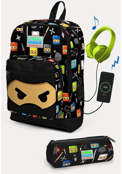 Coral High Kids Siyah Ninja Desenli Usb'li 2'li Okul Çanta Seti Set0223285
