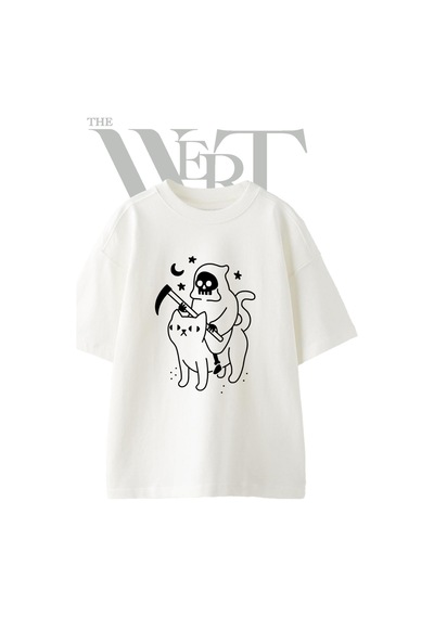 Thewert Grim Reaper Cat Tasarım Baskılı Ünisex Beyaz Oversize T-shirt