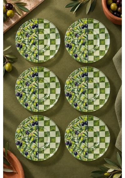 6 Lı Cam Çay Tabağı Zeytin Dalı Ve Dama Desenli 12 Cm 6 Adet Çay Tabak Yeşil