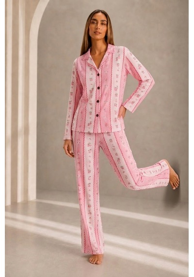 Fit Women Kadın Önden Düğmeli Uzun Kollu Alt Üst Pembe Pijama Takımı