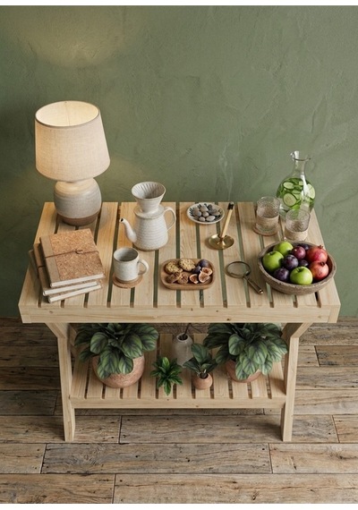 Nelyu Masif Ahşap Yan Sehpa - 80x60x20 Cm Çok Amaçlı Dekoratif Raf Bej