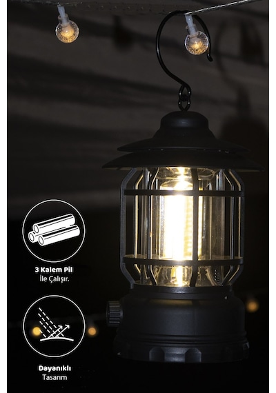 Efsane Kamp - Nostaljik Led Lamba - Kamp Lambası - Pilli Siyah