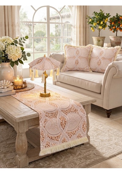 Missidea Lace Elegance Dantel Desenli Dekoratif Masa Üstü Lambası Bali Şemsiyesi Seti Şemsiye + Runner + 2 Li Kırlent Kılıfı Krem