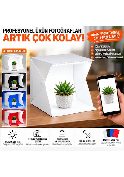 Triline 20x20 Cm Led Işıklı Mini Ürün Fotoğraf Çekim Çadırı 4 Renk Fonlu Taşınabilir Stüdyo Beyaz