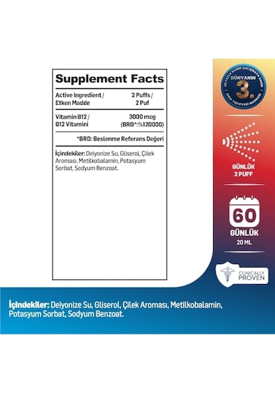 B12 Vitamini Dilaltı Sprey 1500 Mcg Yüksek Emilim 20 Ml