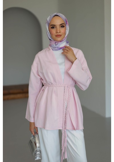 Moonsc Keten Kimono Kemerli Pembe