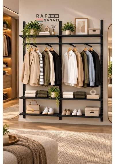 Tr 180 Cm Duvar Raf Askılık Sistemi 6 Raflı 2 Modül 200 Cm Konik Dikme Hazır Set Siyah Genel