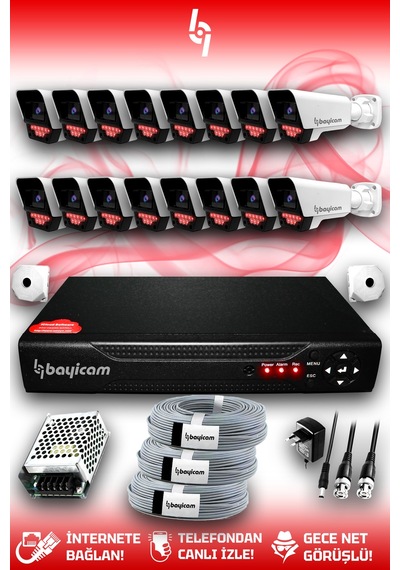 Bayicam 16 Kameralı Süper 16 Dış Kamera Set HDD'siz 5 MP 2K Net Gece Görüşlü Güvenlik Kamerası Sistemi