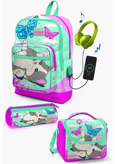 Coral High Kids Su Yeşili Pembe Kedi Desenli Usb'li 3 Lü Okul Çanta Seti Set0123807