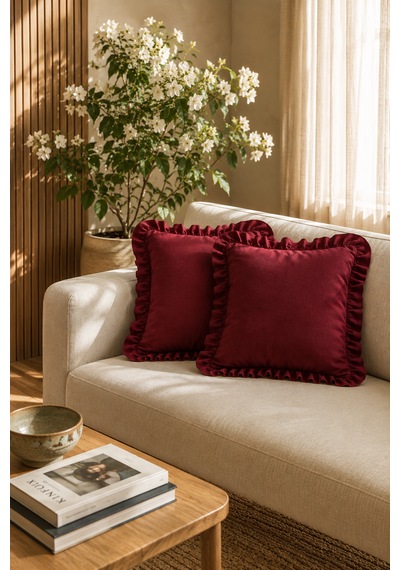 2 Li Bordo Fırfırlı Dekoratif Kırlent Kılıfı %100 Pamuk 45x45 Cm