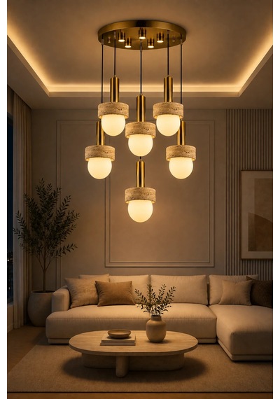 Eskitme Premium Gold Traverten Taşlı 6'lı Sarkıt Avize 3 Renk Led Salon Yemek Odası Avizesi 30w Beyaz