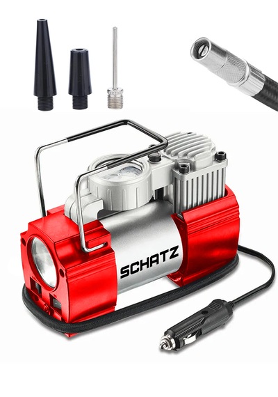 Schatz 12v 150 Psi Işıklı Bakır Sargılı Çakmaklık Girişli Mini Hava Kompresörü 35l Kırmızı
