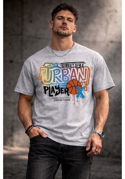 Herkesemoda Street Stayle Yazı Detaylı Basic T-shirt Gri