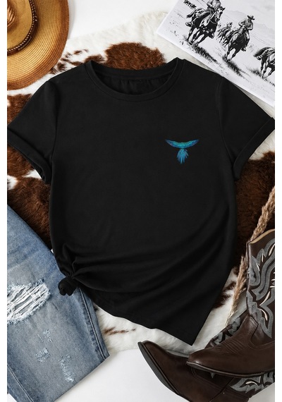 Spoyi Free Bird Tasarımlı %100 Pamuk Yarım Oversize Siyah T-lhirt