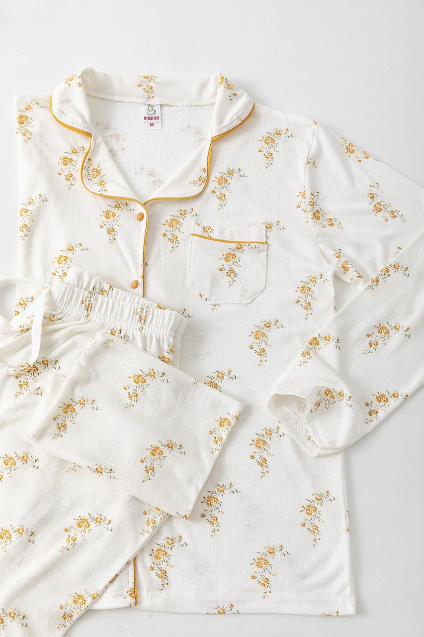 Nisanca Uzun Kol Gömlek Yaka Kadın Büyük Beden Pinterest Pijama Takımı - Mevsimlik Kadın Pijama Hardal