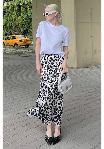 Madmext Beyaz Leopar Desenli Midi Boy Saten Etek Mg2079 Beyaz