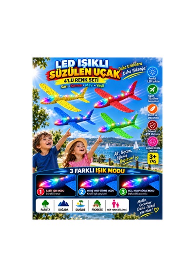 4 Lü Led Işıklı Köpük Uçak Seti Sarı, Kırmızı, Mavi & Yeşil Hafif Dayanıklı Fırlatma Uçağı Açık Hava Oyuncağı - 922589726