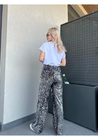 Keymoda Kadın Pullu Pantolon Gümüş Siyah