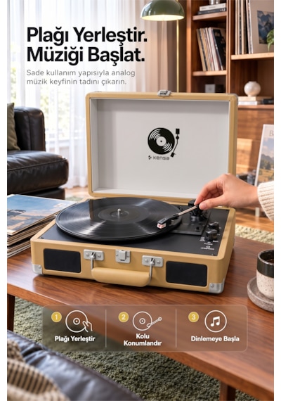 Kensa Bluetooth Lu Nostaljik Çantalı Pikap 33/45/78 Devir Dahili Bataryalı Plak Çalar Standart