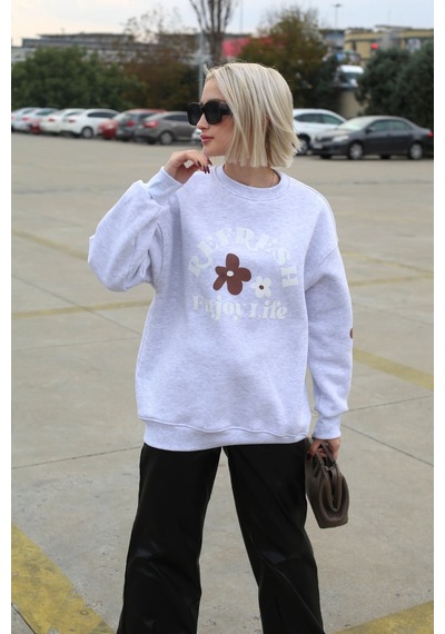 Karmelanj Bisiklet Yaka Baskılı Sweatshirt Mg1572