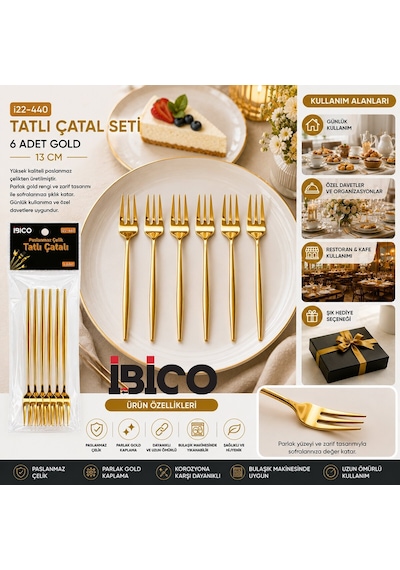 İbico İ22-440 Tatlı Çatal Seti 13cm 6 Adet Gold - 10'li Paket Diğer