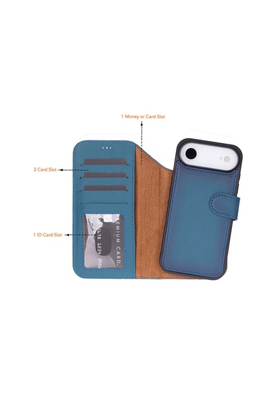 Bloomcase Magic Wallet Midnight Blue Hakiki Deri Apple Uyumlu iPhone 17air 6.5" Cüzdanlı Telefon Kılıfı Mavi
