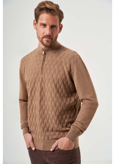 Bisse Camel Yarım Balıkçı Yaka Fermuar Detaylı Jakarlı Erkek Triko Tr23k23208 D70 CAMEL