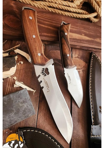 Outdoor Piknik Bıçak 2 Li Set Kamp Bıçağı Çakısı Şef Bıçağı Kılıflı El Yapımı Ceviz Ağacı Sap Diğer