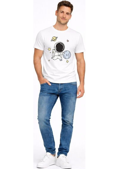 Sevgili Kombini Astronot Baskılı Çift Tişört Oversize Unisex Partner Tişört 2 Li Set Beyaz