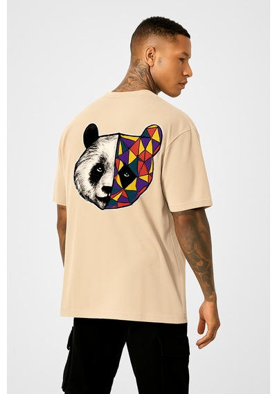 Panda Baskılı Oversize Siyah T-shirt Çok Renkli