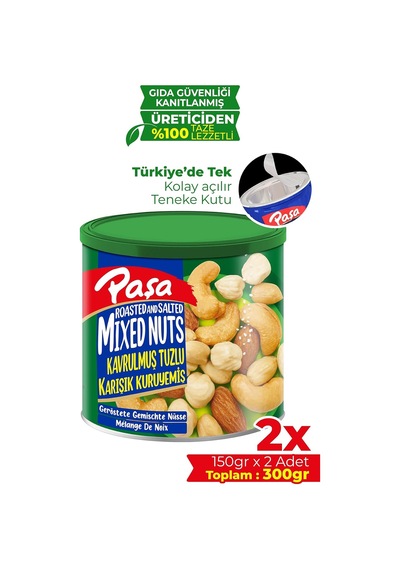 Kavrulmuş Tuzlu Karışık Kuruyemiş, Teneke Kutu, 2x150 Gr, Fındık-badem-kaju-yer Fıstığı, Toplam 300 Gr Diğer