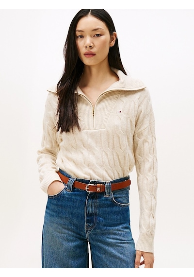 Tommy Hilfiger Soft Wool Cable 1/2 Zıp Ls Swt Kadın Bej Sweatshirt - Ww0ww46425 Bej