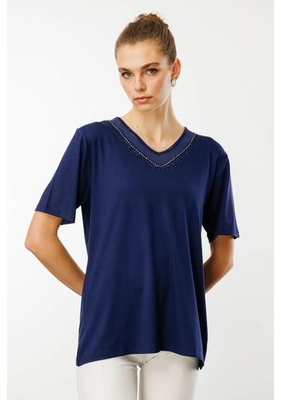 Desen Triko Kadın V Yaka Yakası Taşlı Penye T-shirt 25751 Lacivert Lacivert