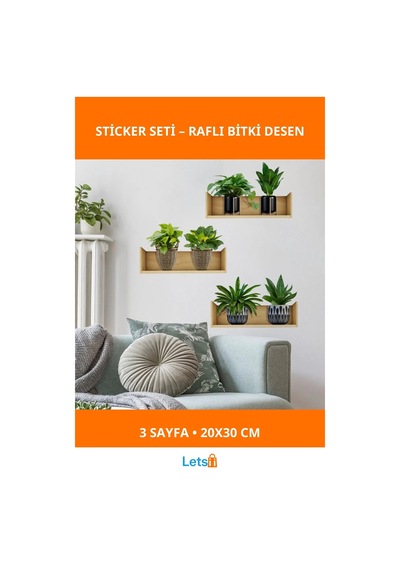 Raflı Bitki Tasarımlı Yapışkanlı Sticker 20x30 Cm 3 Adet Çok Renkli