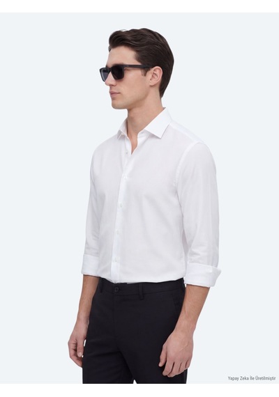 Kip Beyaz Düz Regular Fit Uzun Dokuma Casual Gömlek Beyaz