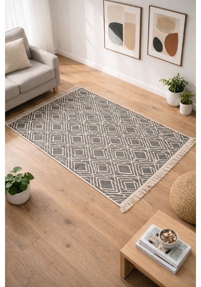 İskandinav Tarz Gri Desenli İnce Kilim Hafif, Yıkanabilir, Günlük Kullanıma Uyumlu Renkli