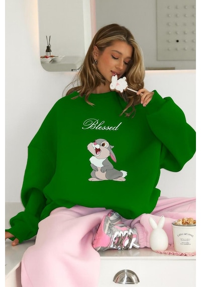 Benroma 3 İplik Penye Blessed Tavşan Baskılı Unisex Sweatshırt Yeşil