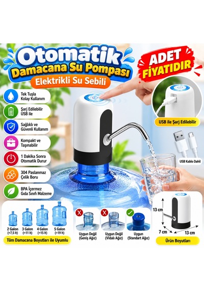 Kahveci.store Usb İle Şarj Edilebilir Elektrikli Otomatik Damacana Su Pompası Adet   22 Çok Renkli