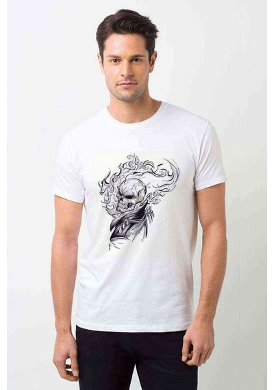 Rider Kurukafa Ghost Rider Baskılı Beyaz Erkek Tshirt