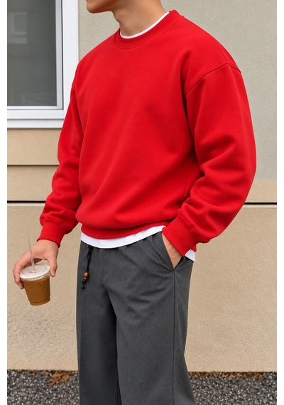 Cool Tarz Erkek 3 İplik Şardonlu Regular Fit Bisiklet Yaka Basic Sweatshirt Kırmızı Kırmızı
