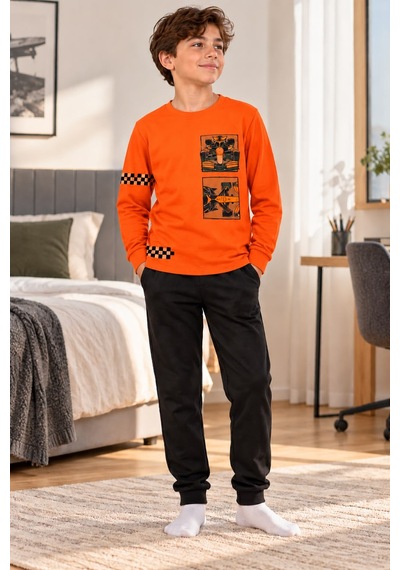 Tarık İnterlok Kumaş Araba Baskılı Erkek Pijama Takımı 11-16 Yaş -ta4401470 - Turuncu