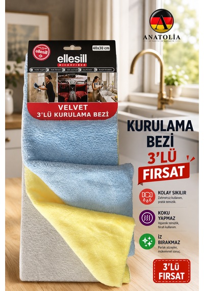 Ellesill Velvet Mikrofiber Kurulama Bezi 3'lü 40x30 Cm - Araç Mutfak Bardak Tabak Yüzey Kurulama Bezi Mix