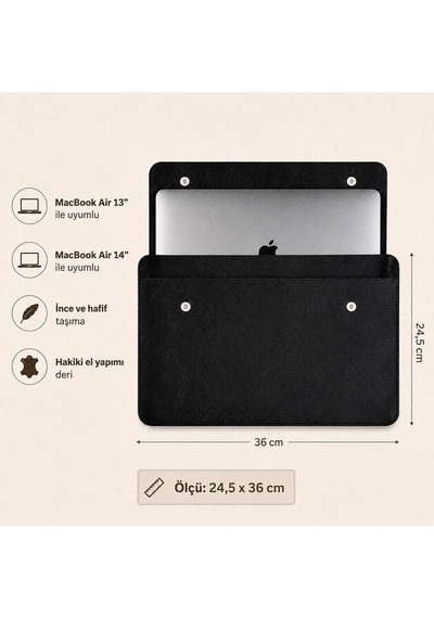 Hakiki Deri Laptop Kılıfı 13-14 İnç Macbook Air & Pro Uyumlu Siyah Diğer