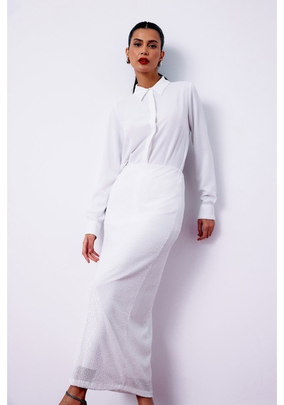 Sateen Pul Payetli Midi Etek - Ekru-135198 Ekru