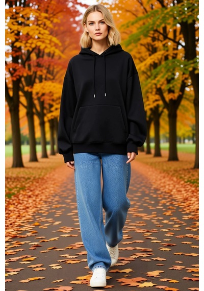 Ersefa Kadın Uzun Kollu Kapşonlu Basic Sweatshirt Hoodie Düşük Omuzlu Ka siyah